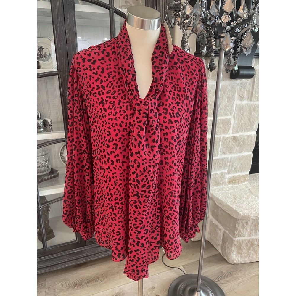 NWT Women's Chicos Animal Print Red Bow Blouse Size 2 Balloon Sleeves New